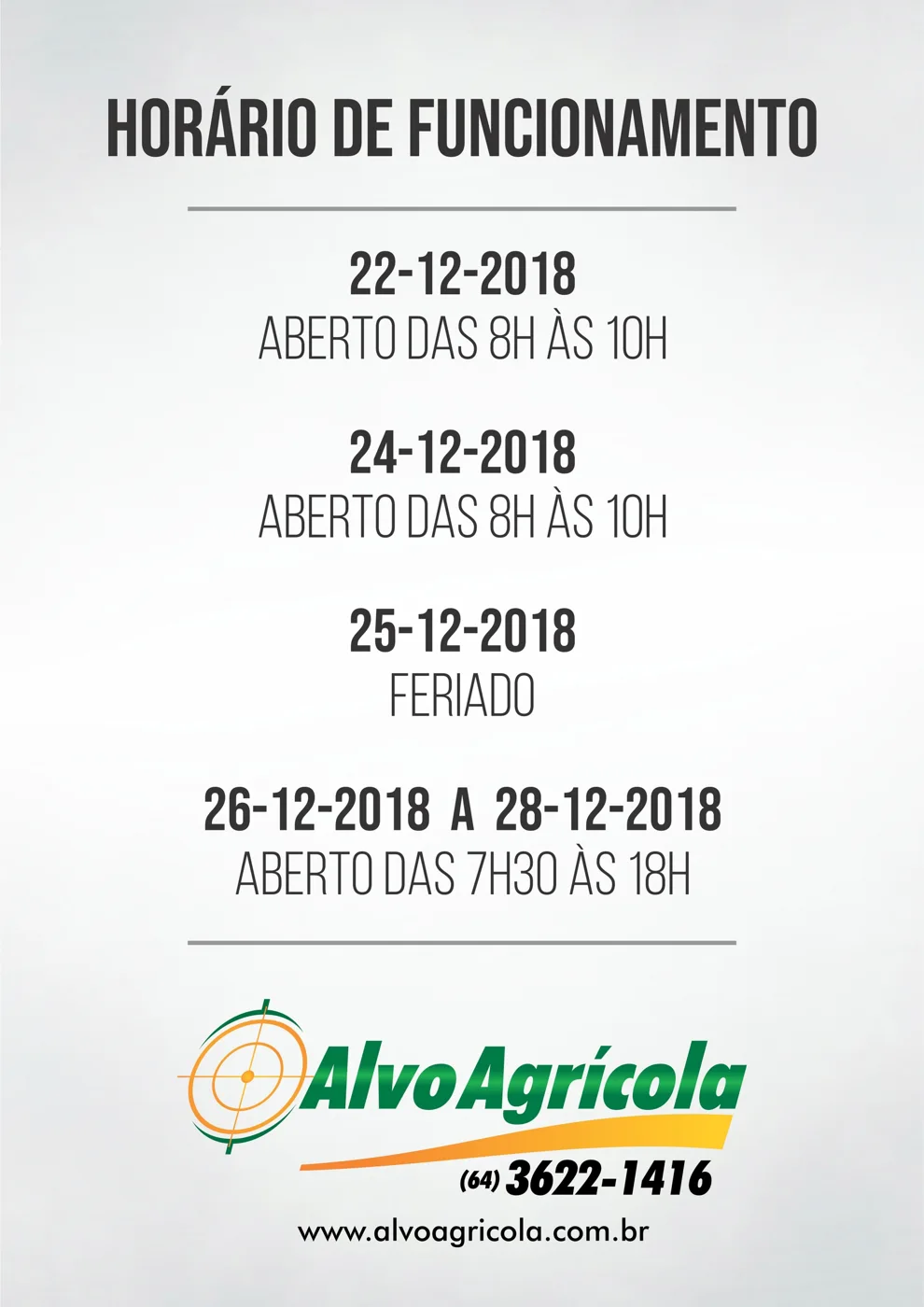Horário de funcionamento natal - alvo agrícola